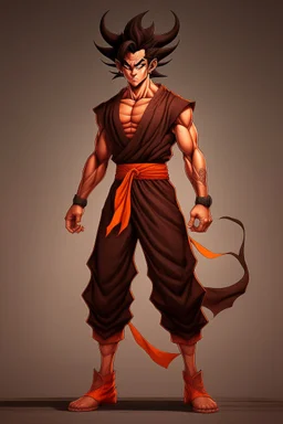 Full Body, Male Tiefling, monk, body shape as Super Sayian Goku, boxer pose, dark outfit colour theme, HD