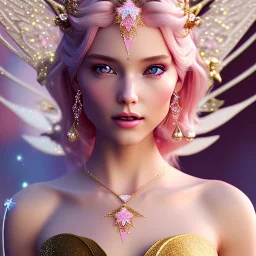 enlighten, light pink pink colors, beautiful portrait of happy blonde bright fairy with wings, crystals, gold dress, winter landskape, depth of field, 8 K, fantasy