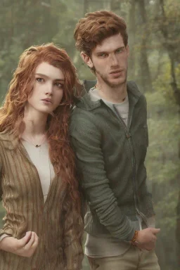 Jeune couple, visage hyper détaillé, réaliste. Forêt fantaisiste détaillée,paysage magnifique, Fille rousse aux cheveux raides et longs, garçon grand, musclé très longs cheveux bruns très bouclés. Fille jean pull, garçon tenue de bûcheron.