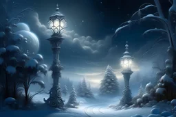 Winter landscape, delicate white velvety clouds, refined and filigree, lanterns, ice sculptures in Gothic style, snow-covered trees, mystical haze, starry black night, hyper realistic, beautiful, lumen, professional photo, beautiful, high resolution, cgi, f/32, 1/300s. highly detailed digital painting