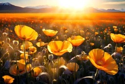 yellow, orange, and gold light effects colors, magic fields with Iceland-poppies flowers, clear sunny light, highly detailed, high contrast, 8k, high definition, realistic, concept art, sharp focus