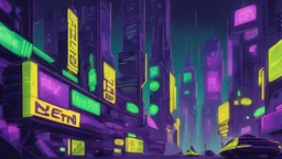 futuristic city with green, yellow, and purple neon signs