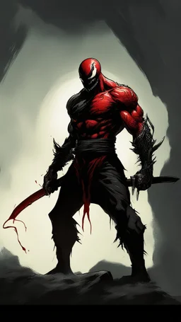 Venom symbiote with kratos Beard and red tattoos and Clothes, holding blade of choice