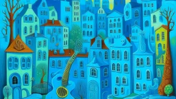 A cyan noisy city with instruments painted by Paul Ranson