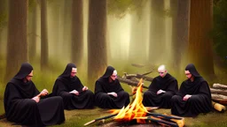 Black robed monks sitting around a fire in the forest