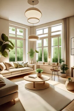 livingroom, casual, hohe Räume, fischgrat Nussbaum, hell, naturtöne, grosse Fensterfront, indirektes Licht