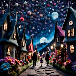 Detailed people, creepy street made of felt, naïve, village, stars and planets, splimapys, sun, splops, volumetric light, giant flowers, naïve, Tim Burton, strong texture, st, orero dream, extreme detail, Max Ernst, decal, rich moody colors, sparkles, Harry Potter, bokeh, odd, sbuc