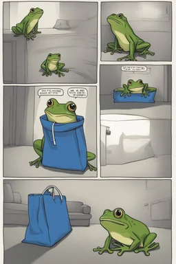 a frog wearing a blue ikea bag