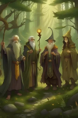 5 old magicians, magical, in a forest, and cast a spell to destroy the world.