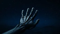 transparent glass arm with black veins reaching out from the black sea towards the deep blue sky and five fingers, dark universe, faint stars, galaxy, detailed, high realistic, impressive, dark. gloomy