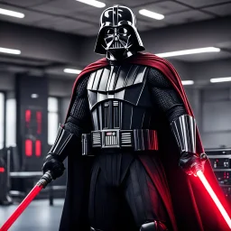 over muscular Darth Vader with gigantic biceps with veins in the training room with his red lightsaber