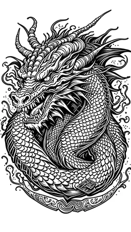 Neotraditional Dragon Carved in Ancient Stone black ink, white background, only black lines and white background, centered on canvas, clean background, tatto style. Looking front, tatto, best image, high quality, full body.