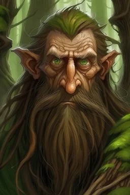 Gnom, braune lange wilde Haare, große, auffällig dicker Nase, grüne Augen, sehr jung , Druide, Haut wie Baumrinde, Zeichen im Gesicht, keine Falten im Gesicht, Mann