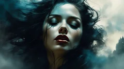 The image is a stylized portrait of a woman with her eyes closed and her lips slightly parted, by Dave McKean, Jeremy Mann, hyperrealism, dense fog, detailed matte painting, deep colors, fantasy, complex detail, splash screen, additional colors with complex, complex contrast, HDR, sharp, soft cinematic volumetric lighting, perfect masterpiece of fantasy art
