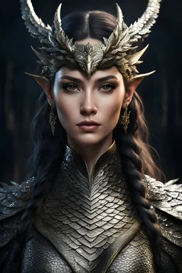 full body portrait half-dragonkin woman with scaly skin, highly detailed, realistic, photorealism, symmetrical, soft lighting, detailed face, intricate details, HDR, beautifully shot, hyperrealistic, sharp focus, 64 megapixels, perfect composition, high contrast, cinematic, atmospheric, moody