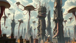 a stunningly weird image of a futuristic metropolis using Salvador Dali's paranoiac-critical method, where buildings and structures appear to melt into the skyline like melting ink. The cityscape is filled with floating medusas and mad, twisted shapes that interact with the buildings and each other, forming a surreal tableau of a dreamlike reality. Capture the essence of the scene in a cinematic manner, with dramatic shadows and vibrant colors that enhance the distorted perspectives and bizarre