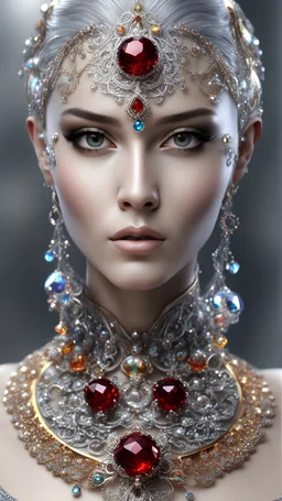 AI 3d photo realistic portrait of young woman, beautiful, shiny hard eyes, make up, Fantasy style, shiny baubles, ornate, large gemstones, shiny molten metalics, shiny wire filigree, silver hair, high definition, high res, octane render, 64k, 3d