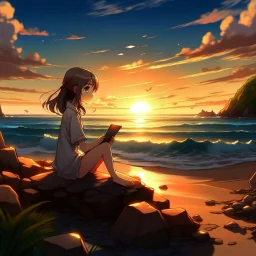 girl anime style sunset beach rocks technology