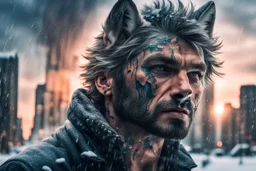 double exposure, Wolf Man, man, city, sunset, snow, rain, wind, fantasy, mystical, tattoo, vertical pupils, high detail, high resolution, 8K