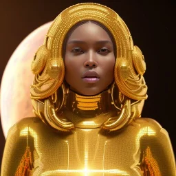 beautiful cosmic golden woman, long hair, nice smiling, magic glamour make up, delicate colors, beautiful glamour galactic golden dress, ultra sharp focus, 8k, unreal engine 5, extremely sharp detail, light effect, soft light atmosphere of a spaceship, smooth, full of details, face in front, complete vision of body