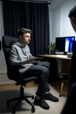 a guy watching a youtube sitting in a office chair