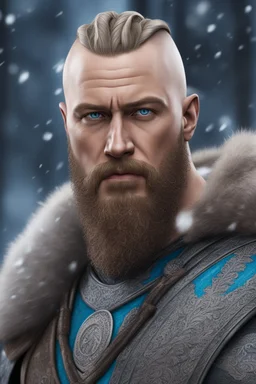 Ragnar Lothbrok in 8k realistic cartoon artstyle, blue eyes, Bald, big beard, tattoos, winter, close picture, highly detailed, high details, detailed portrait, masterpiece,ultra detailed, ultra quality