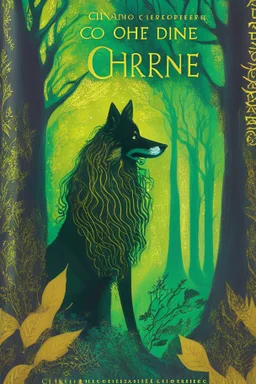 book cover, In the heart of a dense and enigmatic forest with towering ancient trees cloaked in emerald, yellow and amber foliage stands a witch possessing an ethereal allure her lustrous hair cascading in ebony waves down to her slender waist In the background one can just make out a majestic canine of Belgian shepherd lineage its eyes illuminated by an otherworldly crimson