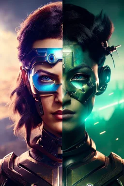 Cyborg warrior, waist up portrait, 8k resolution, intricate details, ornate details, soft lighting, vibrant colors, retroanime, masterpiece, intricate eyeliner, dark eyeshadow, eyes, wild hair, intricate tattoos, jungle background, blue hair