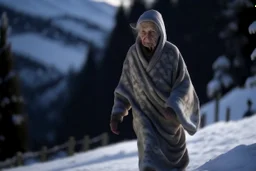 Una mujer mayor con la cara borrosa y mirada lateral, vestida con un camisón, camina sobre la nieve en un paraje de alta montaña. Fotografía con cámara Leica y objetivo de 35 mm