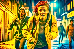 Close up image of 2 subjects, 1girl with auburn colored hair, wearing long sleeve white dress with hood, (running towards camera), (woman looks scared), frightened, running for her life, running away from man wearing armor, getting grabbed by man, down a dirty city alley, futuristic city at (night:1.4), blue and yellow neon signs, chase scene, action scene, thick outlines, comic book style, dynamic camera angle, realistic skin, realistic hands, perfect hands, action lines, motion blur background