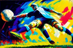 Oil painting, football match, the striker is kicking a goal, the ball is flying, bright but not neon colours, dynamic lines, dynamic blobs, spots, lines in the background of the character, like a colour explosion, A visually striking piece filled with dynamic brushstrokes, reminiscent of the impasto technique used in Vincent Van Gogh's Post-Impressionist paintings. The composition features bold colors and unblended strokes, creating a sense of depth and movement that defies traditional art style