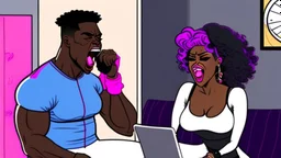 black lady yells at the phone while her boyfriend sits at home working out laughing