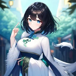 Clear focus,High resolution, Black short fluffy hair, and blue eyes, wearing a Chinese Traditional outfit dark green with black, Blushing, Hand up, white fur around her neck