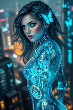 A breathtaking image of a stunning cyberpunk-inspired cyborg with a translucent glowing glass body, showing the intricate clockwork mechanisms parts inside her body and intertwined blue butterflies. The female cyborg's aqua eyes capture the viewer's attention, while her flowing hair and soft hips exude an air of elegance. The intricate futuristic city serves as a backdrop, blurred background to emphasize the focus on the subject, reflecting the azure glow emanating from the cyborg's body. Ultra