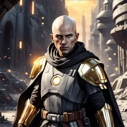 star wars bald male corellian jedi pilot wearing black and gunmetal grey old republic armored robes with gold trim, alone, battle-ready Jedi Master defending a ruined ancient city surrounded by golden light, centered head and shoulders portrait, hyperdetailed, dynamic lighting, hyperdetailed background, 8k resolution, volumetric lighting, light skin, fully symmetric details