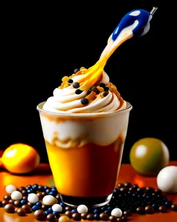 A vibrant and colorful boba drink, with pearls swirling in a sea of creamy milk tea, topped with a mountain of whipped cream and drizzled with caramel sauce.