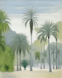 A light gray oasis with tall palm trees painted by Georges Seurat