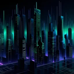Digital illustration of a minimalist and digital city with a dark background, colors are black, light blue and light green, and purple.