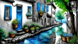 The ink was art, black and white colors with blue and silver watercolors, splash art, fine details with graphics, old vintage village in summer rain, cobblestone street, bushes, trees, flowers, the passing of time, the atmosphere of the good old days floats around, calm and quiet serene, dim lights, highly detailed, intricate, masterpiece