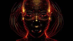 In an abstract and minimalist world, Minimalist portrait: a silhouette of an African face outlined in red and golden lines and dots, with futuristic glasses or holographic elements subtly glowing around her eyes. The background is deep darkness, and the composition is dominated by the glow of the golden elements.