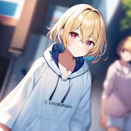 Clear focus, High resolution, short blonde hair, pink eyes, wearing a light blue and white oversized hoodie, wearing white shorts, hair between eyes