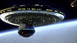 a screen capture from a star trek movie of a battle-damaged starship enterprise IN the year 2380 IS IN A BATTLE with monster ufos sci-fi meticulous, highly-polished, photorealistic, studio production, intricately detailed, GALACTIC, directed by gene Roddenberry, looking down and from the left rearcorner,visiblaftalsdjfafterburner