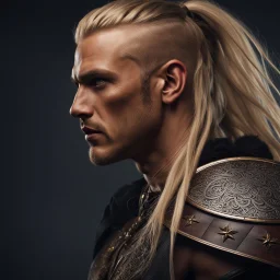 stunningly handsome viking warrior king, muscular, long blonde hair, male age 30, wearing a dark suit, tan skin, tattoos,photorealistic 4k