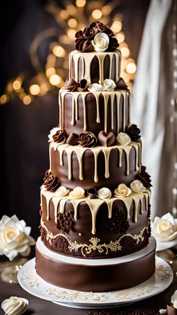 stunning chocolate wedding cacke with dark and white chocolate decorations, high realistic, high detalied, sharp focus, dynamic lighting, stunning, blur background with pale light