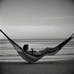 mujer sentada en una hamaca de madera en la playa, fotografía real, fotografía realizada con un cámara Fuji y objetivo de 35mm, fotografía en blanco y negro, tono años 60