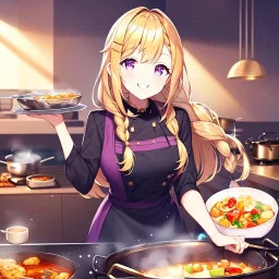 girl, masterpiece, best quality, volumetric lighting, detailed outfit, perfect eyes, golden hair, long hair, purple eyes, braided ponytail, smile, cooking, food, hairclip,