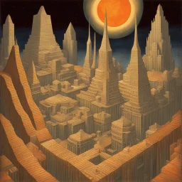 art by "Canan Berber John T. Biggers ", painting, landscape , Feigned The Palace of Asgard and Tokyo, at Dawn, Illustration, Hopeless, 70s Science Fiction, Provia, overly complex style