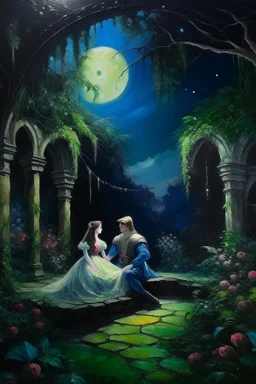 Oil painting A secret meeting between a princess and a prince in an abandoned garden in an abandoned palace under the moonlight