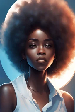a black woman with beautiful afro with a mole near the mouth with a white shirt, in the style of artgerm, flat areas of color, rough edges, anime-influenced, rim light, african influence, dark bronze and light blue