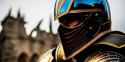 apocalypse, chaotic, magnificent, realistic, colorful, massive, epic, ray tracing, cinematic, 8k, HD, Ultra High Definition, photo film, film grain, hyper-detailed, old tarnished ornate rusty Hyper detailed Gold Gothic Medieval Knight helmet with opaque glass visor covering face and matching suit of armor, background with colorful destroyed ancient gothic ruins